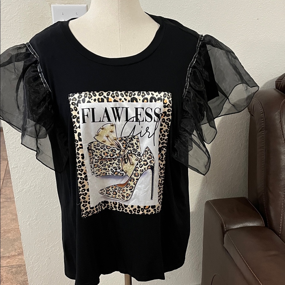 Ashley Stewart Black Blouse with Sheer Ruffle Sleeves